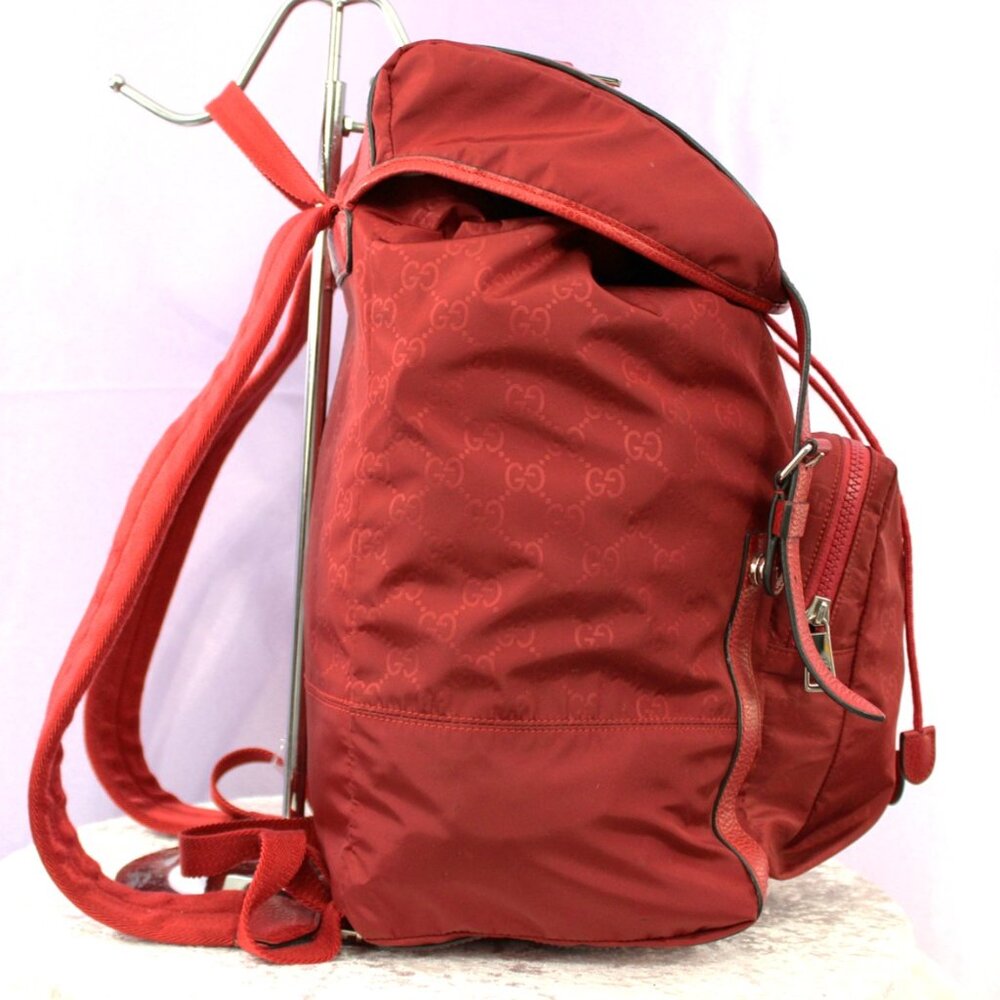 Gucci Red GG Nylon Backpack Leather Trim Authentic Designer Bag - Picture 6 of 16